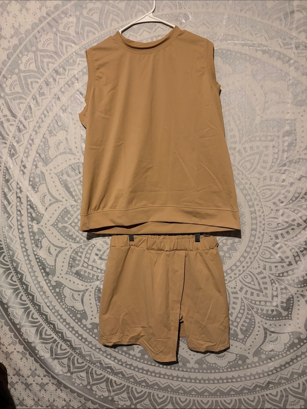 Two-Piece Activewear Set Sleeveless Muscle Tank & Asymmetric Wrap Skort Beige XL